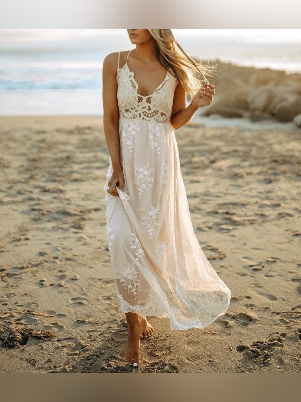 Bohemian Lace Maxi Dress in Cream